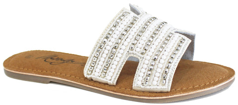 Scarpe donna ciabatta bassa con fascia a forma di h acca stile tipo imitazione hermes accessoriata con borchie perline e strass in tinta di varia tipologia e forma acs calzature italiane articolo mng 0526 in vera pelle bianca e soletta molto morbida sottopiede imbottito in vera pelle e 100% made in italy scarpe con negozio a civitanova marche collezione moda primavera estate calzature artigianali scarpe online spedizioni e pagamento alla consegna