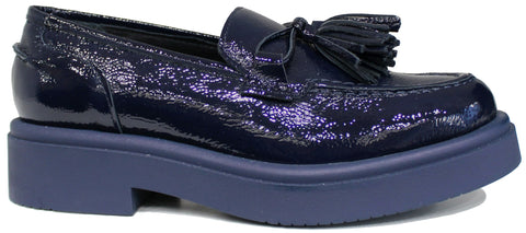 scarpe donna di tendenza mocassini blu lucidi con suola alta zeppa in vera pelle marchio crown fiocco naplak con nappine campanelle suola stile casual eleganti sportivi con punta rotonda calzature artigianali online 100% made in italy comode con negozio a civitanova marche collezione moda spedizioni in tutta Italia pagamento alla consegna