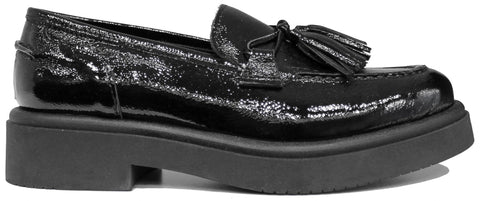 scarpe donna di tendenza mocassini neri lucidi con suola alta zeppa in vera pelle marchio crown fiocco naplak con nappine campanelle suola stile casual eleganti sportivi con punta rotonda calzature artigianali online 100% made in italy comode con negozio a civitanova marche collezione moda spedizioni in tutta Italia pagamento alla consegna