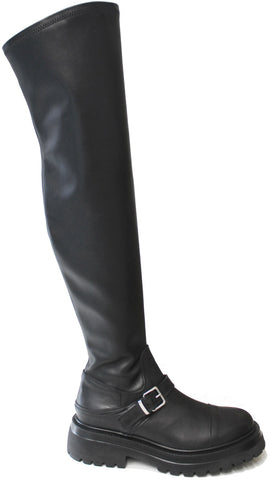 scarpe donna tendenza stivali sopra al ginocchio aderenti con elastico più una cerniera alta laterale stile casual elegante sportivo calzaturificio crown articolo fiorella stretch fp in vera pelle nera e suola carrarmato calzature artigianali online 100% made in italy con negozio a civitanova marche collezione moda autunno inverno spedizione in tutta Italia pagamento alla consegna