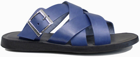 scarpe uomo tendenza ciabatte francescane eleganti in vera pelle blu con fasce incrociate e fibbia argentata con fondo in gomma antiscivolo articolo eder shoes 4241 calzature artigianali online 100% made in italy negozio a civitanova marche collezione moda spedizioni in tutta Italia pagamento alla consegna 