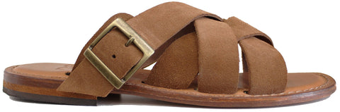 scarpe uomo tendenza ciabatte francescane eleganti in vera pelle camoscio cuoio marroncino con fasce incrociate e fibbia dorata con fondo in vero cuoio articolo eder shoes 4241 calzature artigianali online 100% made in italy negozio a civitanova marche collezione moda spedizioni in tutta Italia pagamento alla consegna 