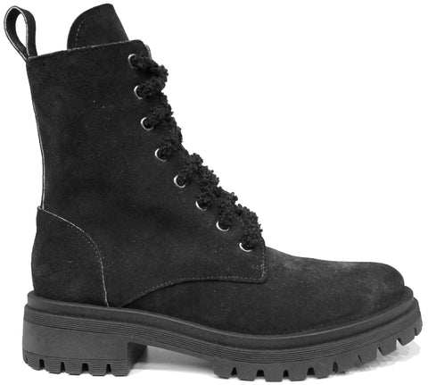 scarpe donna di tendenza anfibi stringati neri in camoscio vera pelle con lacci in ciniglia e cerniera laterale marchio crown bb27 ginko stile casual eleganti sportivi con punta rotonda suola carrarmato flessibile calzature artigianali online 100% made in italy comode con negozio a civitanova marche collezione moda spedizioni in tutta Italia pagamento alla consegna