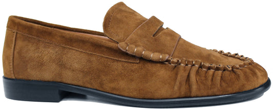 Mocassini donna arricciati cuoio cammello in camoscio vera pelle con bocca di leone, punta rotonda, suola flessibile e leggera, tacco basso, modello ANGEL ALARCON 26605, scarpe artigianali con negozio a Civitanova Marche