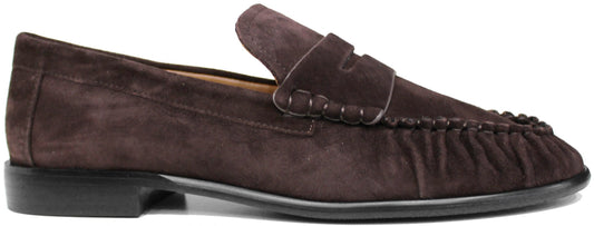Mocassini donna arricciati marroni testa di moro in camoscio vera pelle con bocca di leone, punta rotonda, suola flessibile e leggera, tacco basso, modello ANGEL ALARCON 26605, scarpe artigianali con negozio a Civitanova Marche