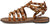 vista laterale sandali donna gladiatori borchiati color cuoio in vera pelle, cinturini intrecciati e fasciati, borchie oro, calzature artigianali 100% Made in Italy, articolo 6149
