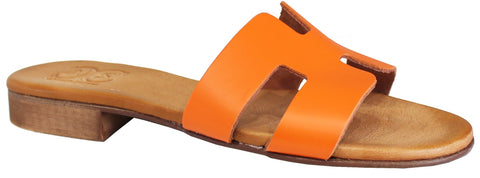 Scarpe donna ciabatta bassa con fascia a forma di h acca stile tipo imitazione hermes acs calzature italiane articolo 01 calzaturificio sintesi CROWN in vera pelle color arancio e soletta molto morbida sottopiede imbottito in vera pelle e 100% made in italy scarpe con negozio a civitanova marche collezione moda primavera estate calzature artigianali scarpe online